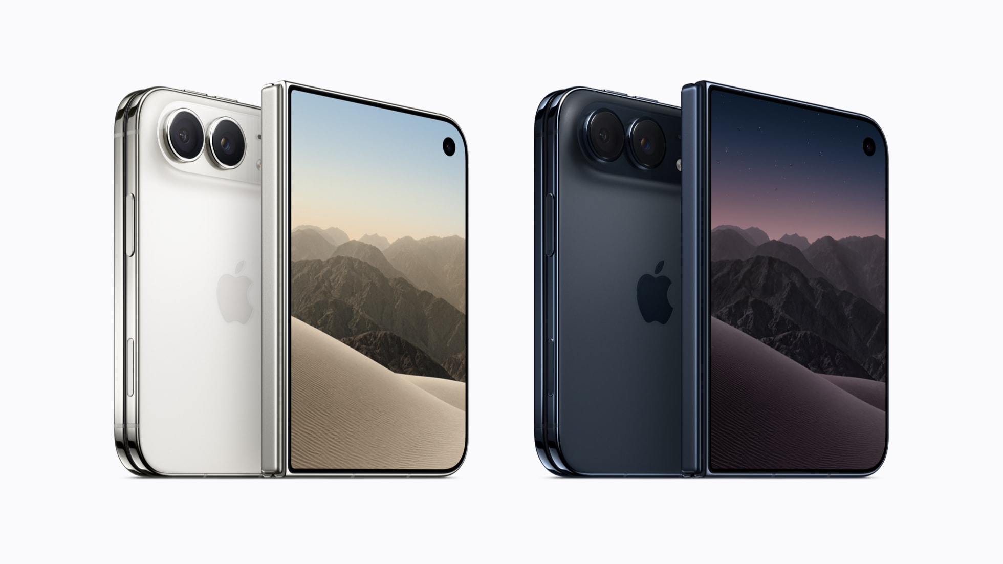 Apple 官方 iPhone Duo 产品照片,星白色与深蓝色折叠手机正反面